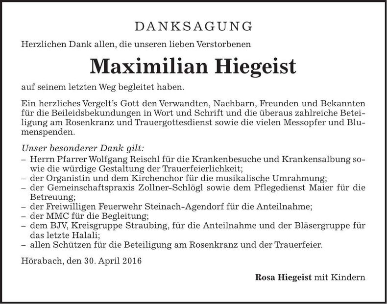 Traueranzeige Maximilian Hiegeist