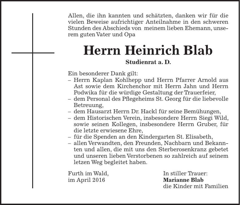 Traueranzeige Heinrich Blab