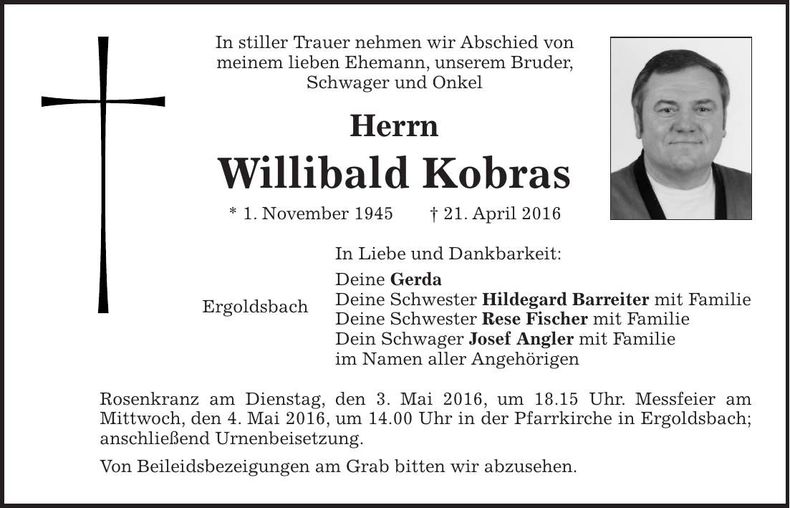 Traueranzeige Willibald Kobras
