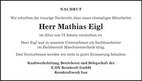 Traueranzeige Mathias Eigl