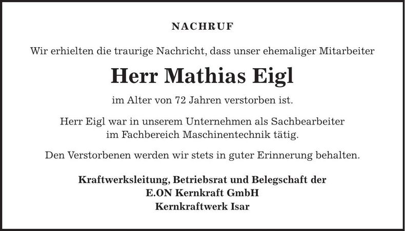 Traueranzeige Mathias Eigl