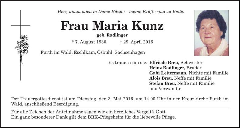 Traueranzeige Maria Kunz
