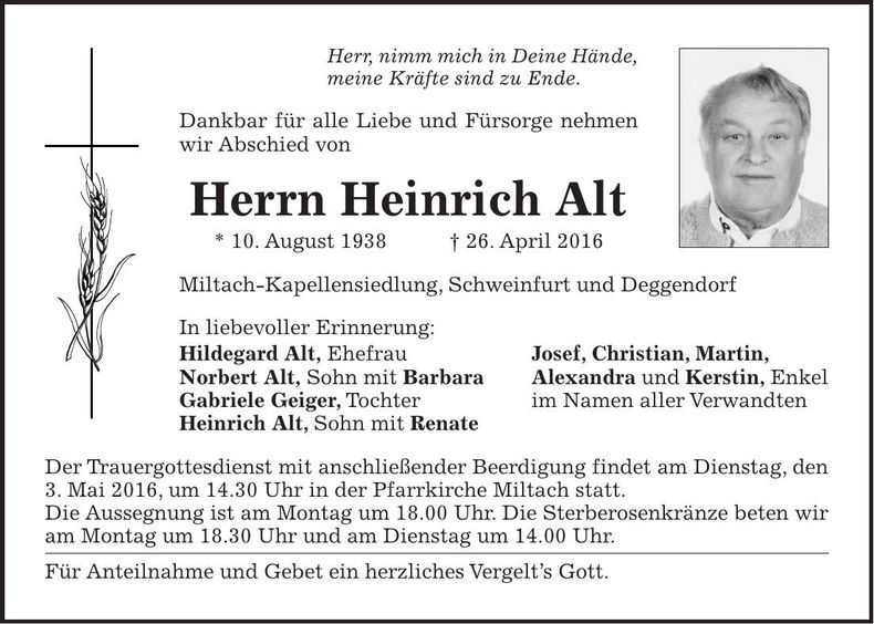 Traueranzeige Heinrich Alt