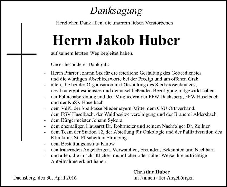Traueranzeige Jakob Huber