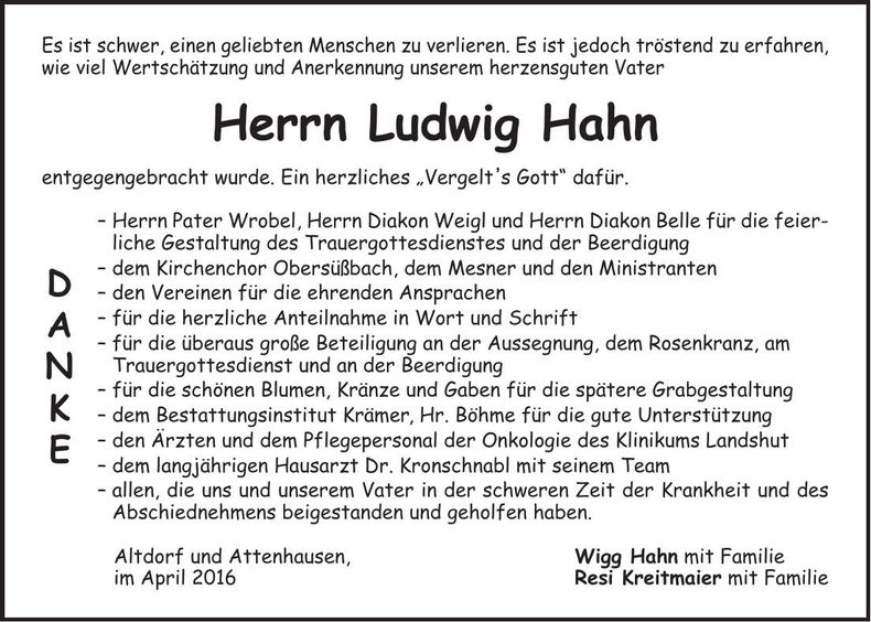 Traueranzeige Ludwig Hahn