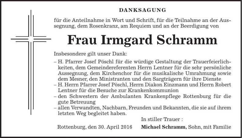 Traueranzeige Irmgard Schramm