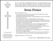 Traueranzeige Irene Feiner