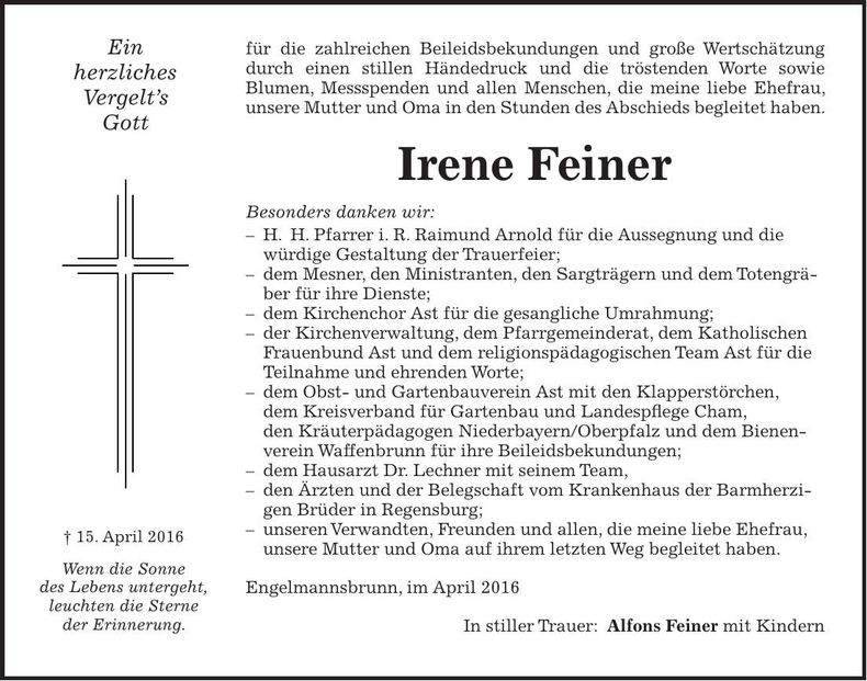 Traueranzeige Irene Feiner