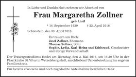Traueranzeige Margaretha Zollner