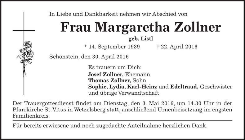 Traueranzeige Margaretha Zollner