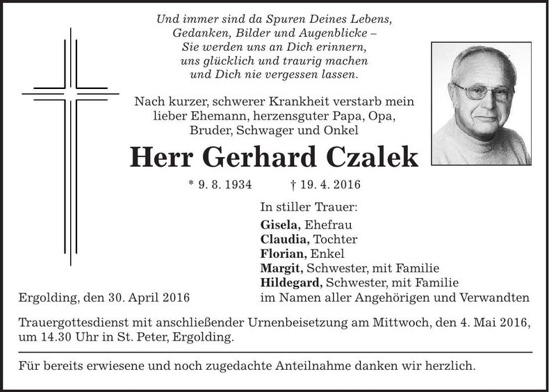 Traueranzeige Gerhard Czalek