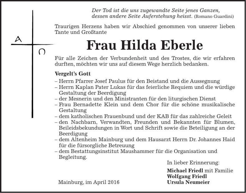 Traueranzeige Hilda Eberle