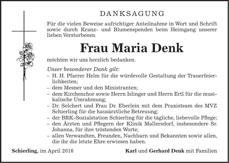 Traueranzeige Maria Denk