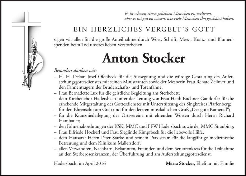Traueranzeige Anton Stocker