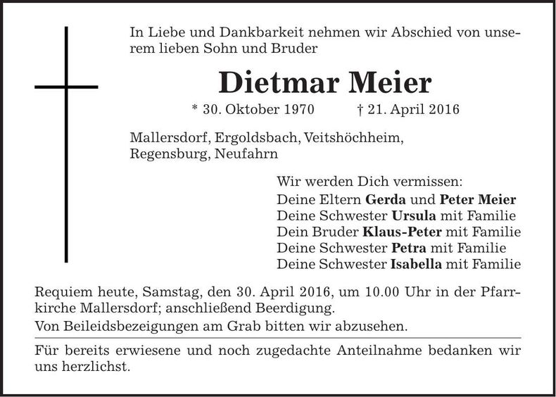 Traueranzeige Dietmar Meier