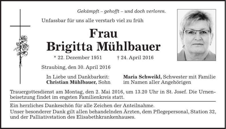 Traueranzeige Brigitta Mühlbauer
