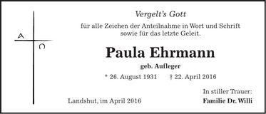 Traueranzeige Paula Ehrmann