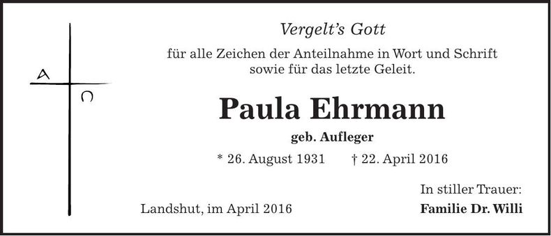 Traueranzeige Paula Ehrmann