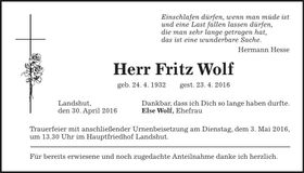 Traueranzeige Fritz Wolf
