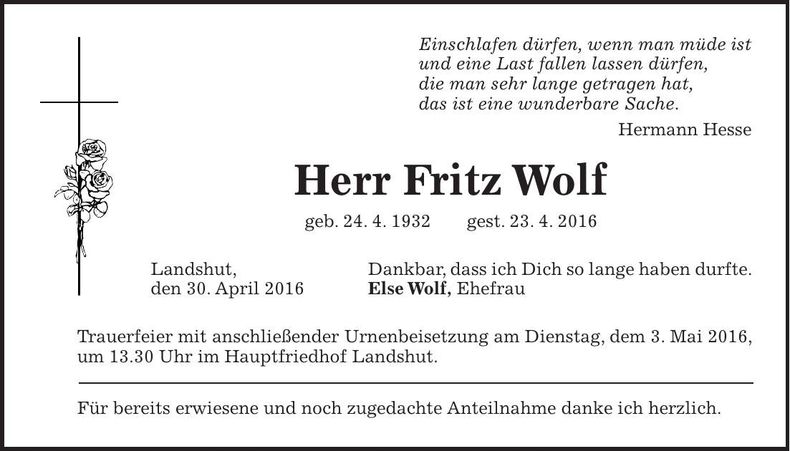 Traueranzeige Fritz Wolf