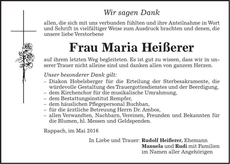 Traueranzeige Maria Heißerer