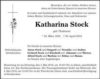 Traueranzeige Katharina Stock