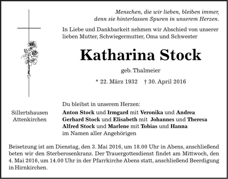 Traueranzeige Katharina Stock