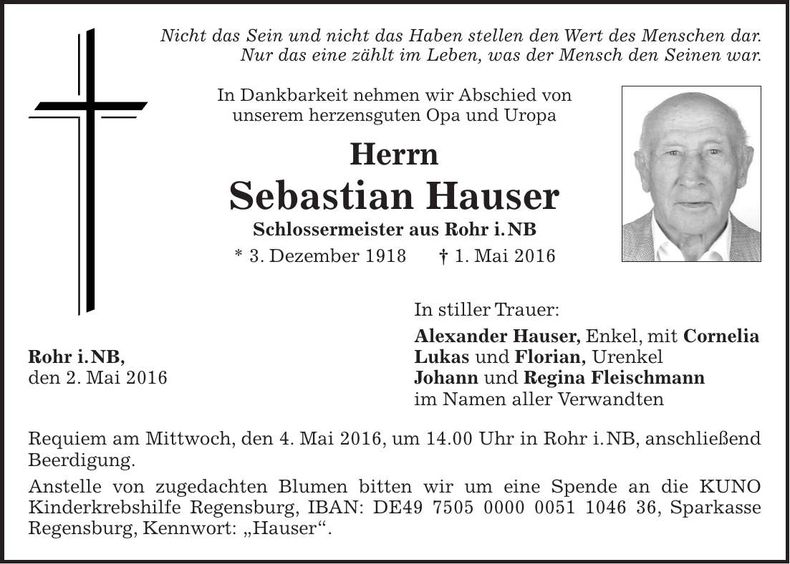Traueranzeige Sebastian Hauser
