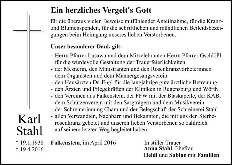 Traueranzeige Karl Stahl