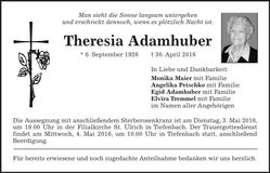 Traueranzeige Theresia Adamhuber