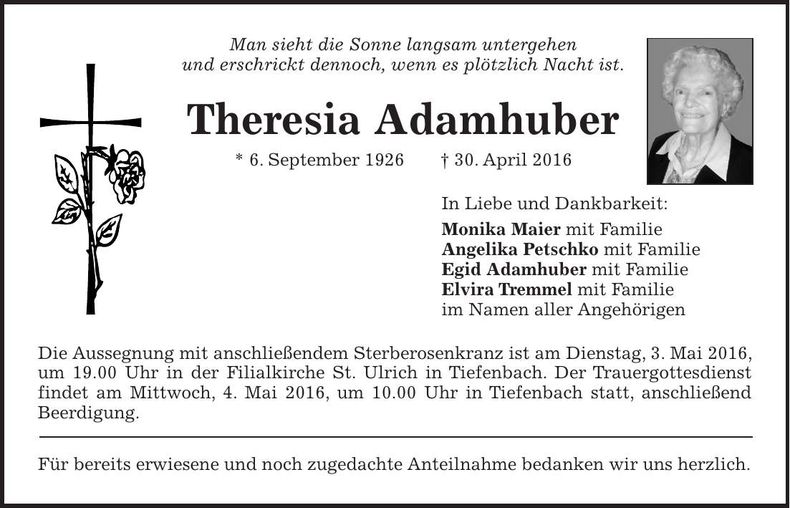 Traueranzeige Theresia Adamhuber