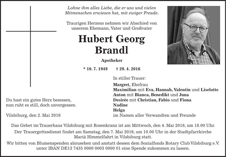 Traueranzeige Hubert Georg Brandl