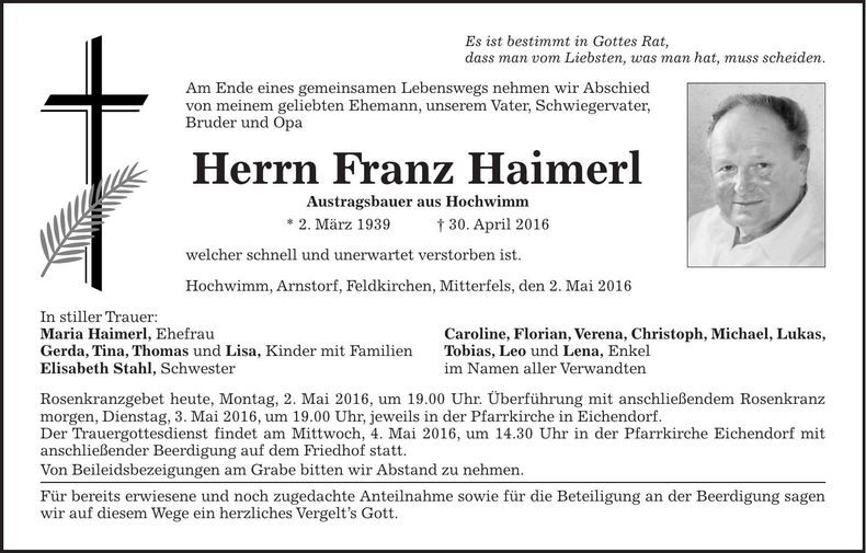 Traueranzeige Franz Haimerl