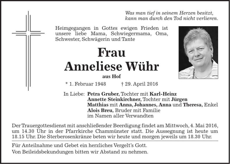Traueranzeige Anneliese Wühr