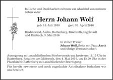 Traueranzeige Johann Wolf