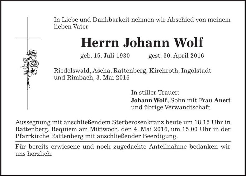 Traueranzeige Johann Wolf