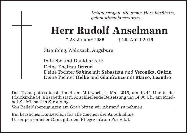 Traueranzeige Rudolf Anselmann