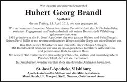 Traueranzeige Hubert Georg Brandl