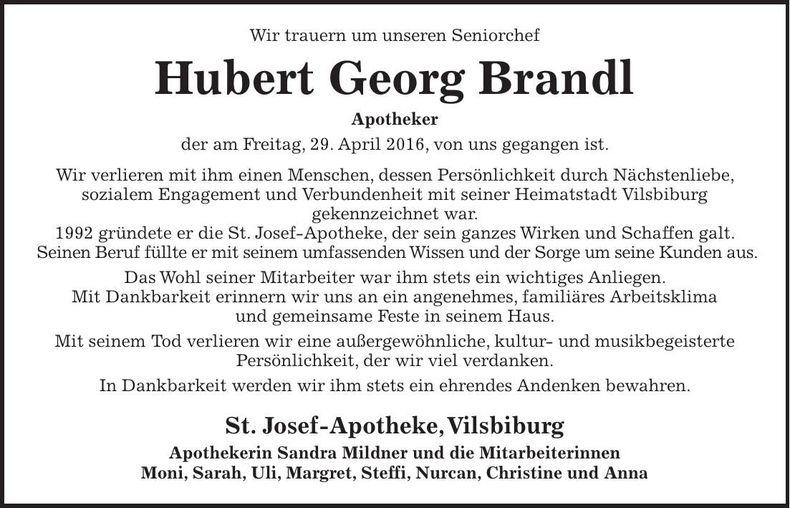 Traueranzeige Hubert Georg Brandl