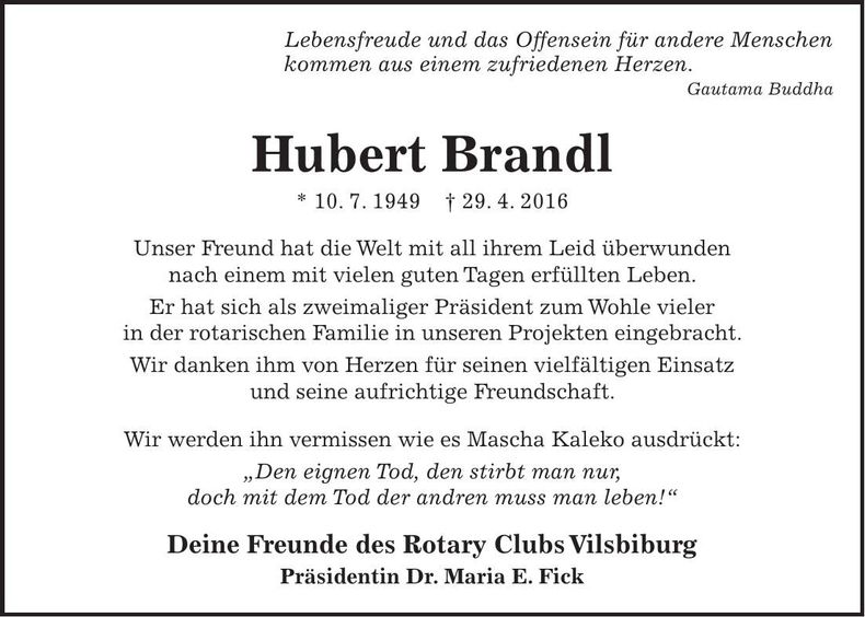 Traueranzeige Hubert Brandl