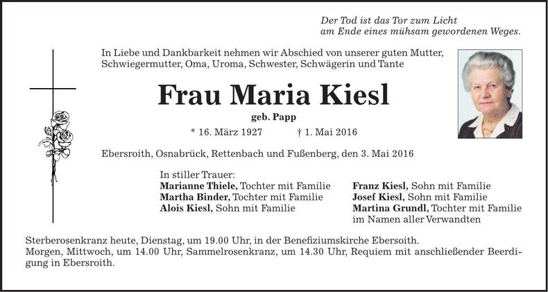 Traueranzeige Maria Binder