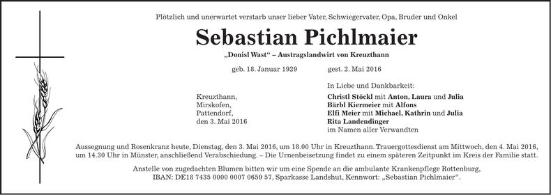 Traueranzeige Sebastian Pichlmaier