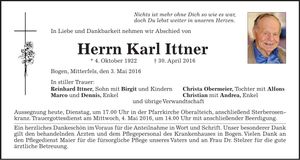 Traueranzeige Karl Ittner