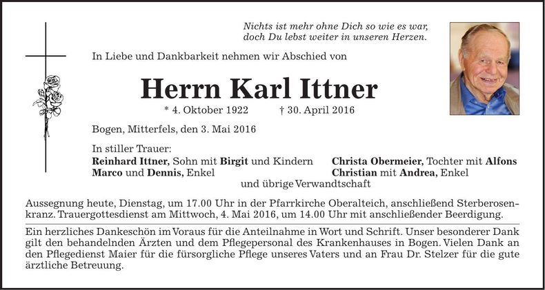 Traueranzeige Karl Ittner