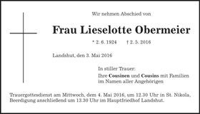 Traueranzeige Lieselotte Obermeier