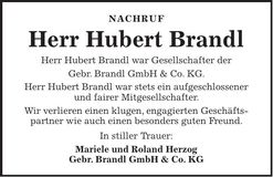 Traueranzeige Hubert Brandl
