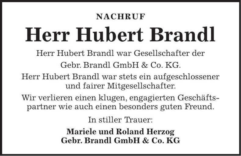 Traueranzeige Hubert Brandl