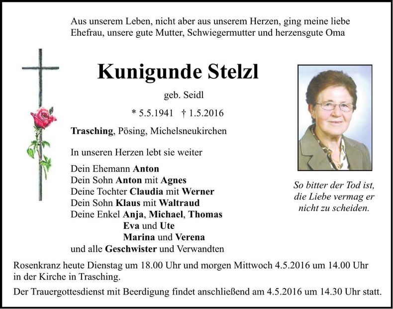Traueranzeige Kunigunde Stelzl