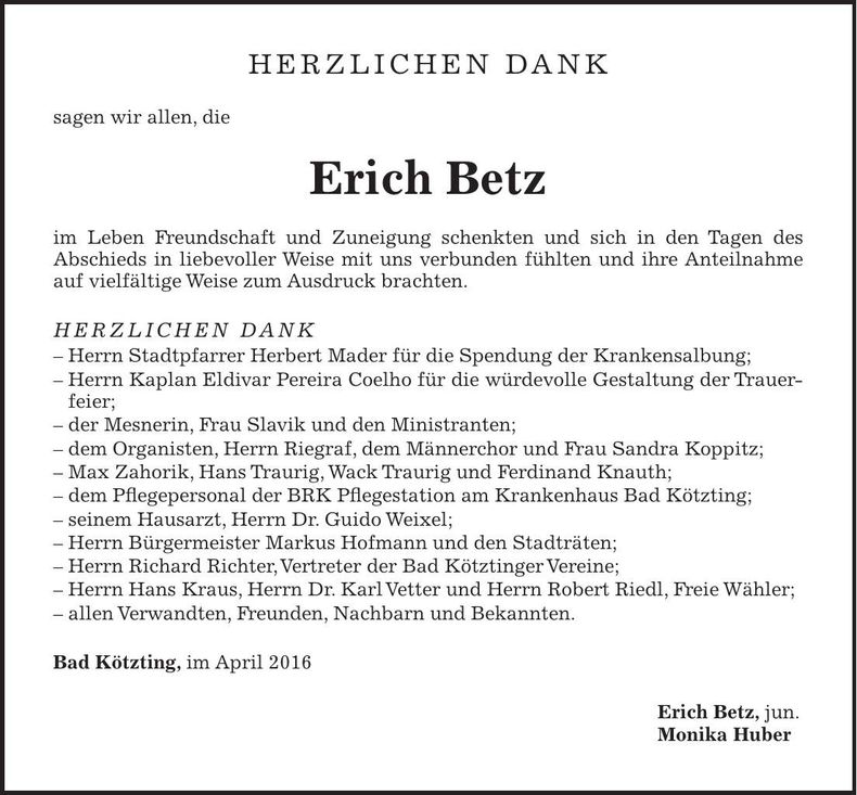Traueranzeige Erich Betz