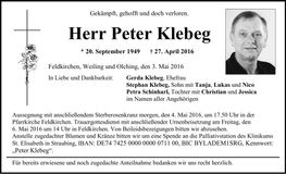 Traueranzeige Peter Klebeg